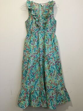 J Crew Mint Green Floral Dress Ruffle Teired Midi Size 4 Peasant Cottagecore